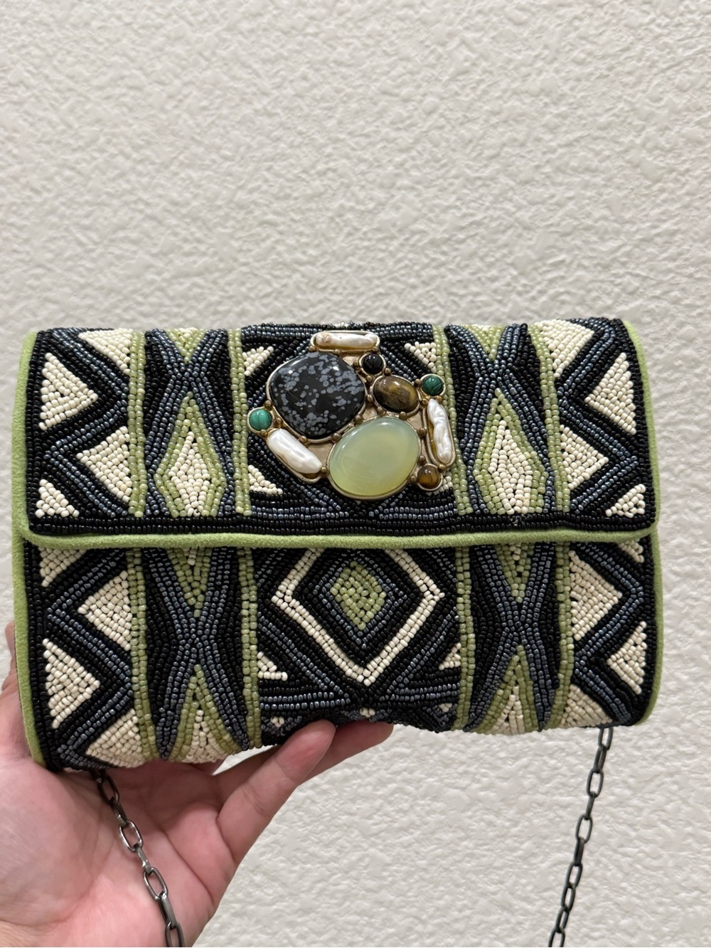 MARY FRANCES Geometric Beaded Natural Gemstones Cluster Embellished Evening Bag - Picture 13 of 16